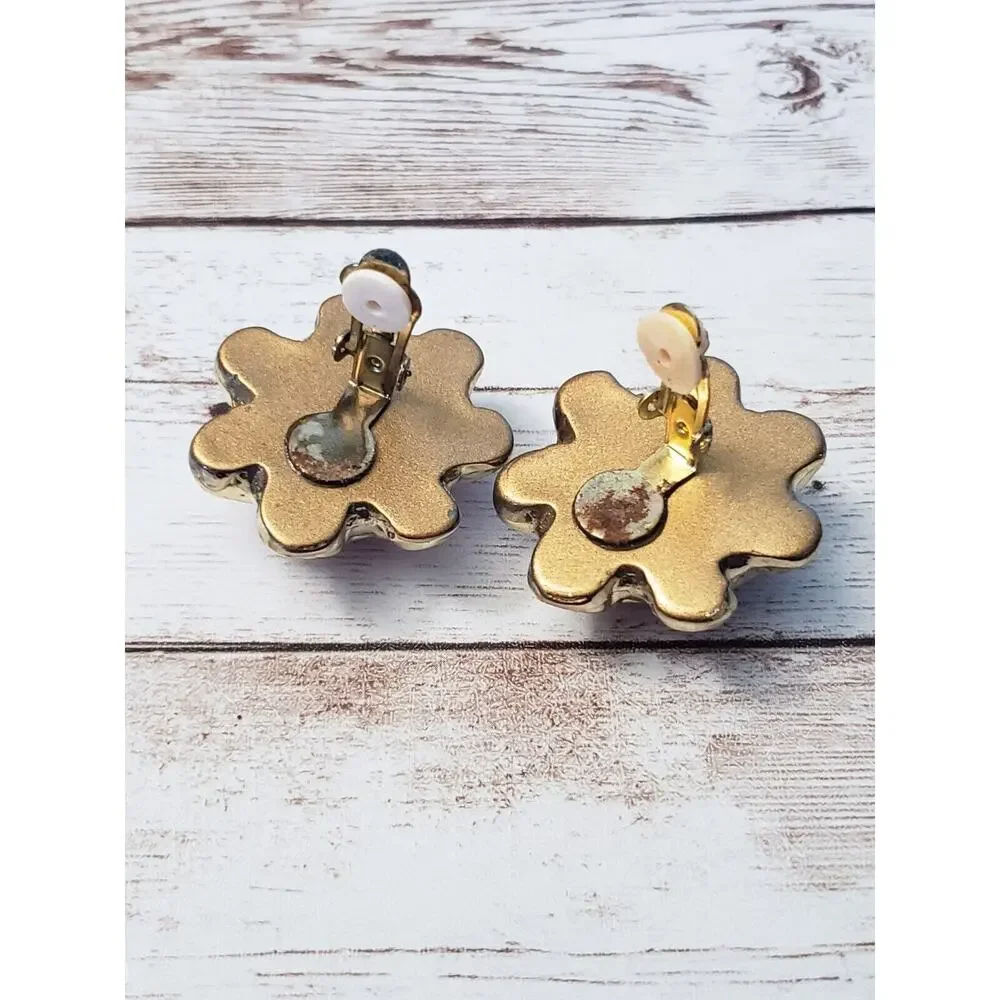 Vintage Clip On Earrings Large Statement Earrings Red with Flower Like Halo